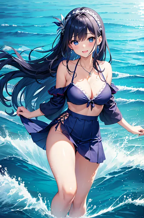 highest quality、Highest quality、masterpiece、beautiful girl、((1 female:1.5))、Navy blue long hair、blue eyes、Sexy bikini in dark blue、Big cleavage、(Big Breasts),smile、necklace、Blue earrings、situation(Swimming in the sea、Waveless ocean:1.3)、Open your mouth wid...