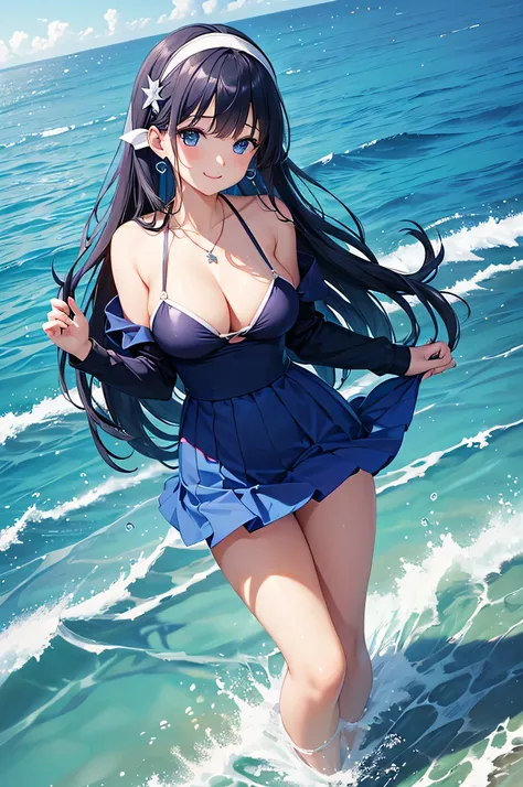 highest quality、Highest quality、masterpiece、beautiful girl、((1 female:1.5))、Navy blue long hair、blue eyes、Sexy bikini in dark blue、Big cleavage、(Big Breasts),smile、necklace、Blue earrings、situation(Swimming in the sea、Waveless ocean:1.3)、Open your mouth wid...