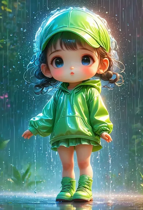 （super cute q version little girl rem wearing a transparent plastic hoodie standing in the rain：1.4）, rainbow color illustration...