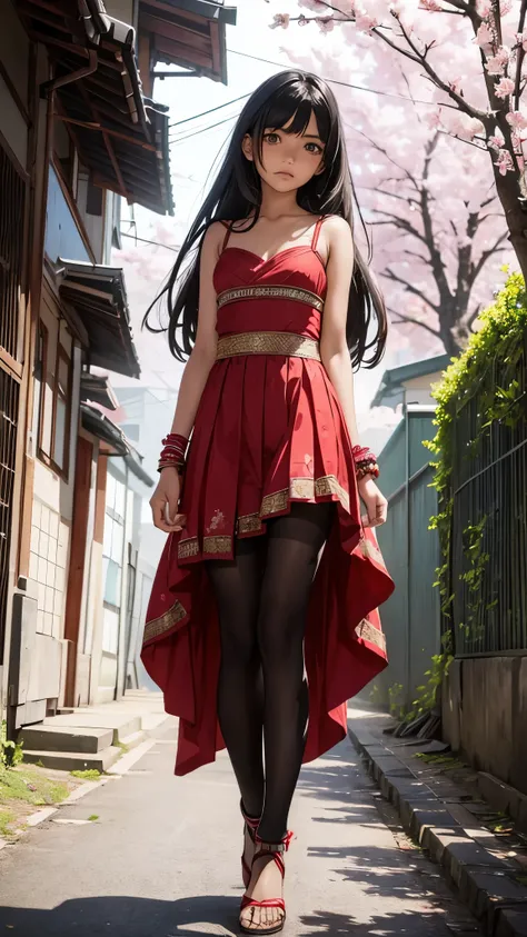 Beautiful 13 year old Indian teenager, long hair, dress, falling straps, small cleavage, pantyhose, high heels, Japanese rural street, cherry blossoms, fog, sexy pose, Silent Hill world, scary creature attack