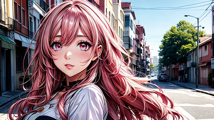 Una chica anime, hermosa, cabello rosado, ojos celestes, ojos hermosos y definidos, vestimenta rosada moderna, en ciudad de fondo, hermoso, graficos muy detallados, arte estilo moderno
