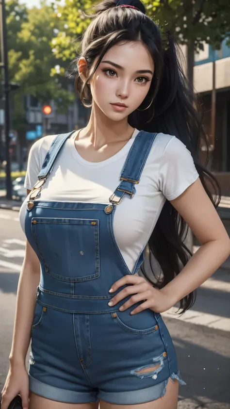 pho3b3cat3s photos, Beautiful woman, ((24-years-old)), street, T-Shirts, Denim overalls, 1980s, Retro, Long wavy black hair in a ponytail, (masterpiece), (Highly detailed CG Unity 8k wallpaper), Complex, ((Realistic)), Big Breasts　Sweaty