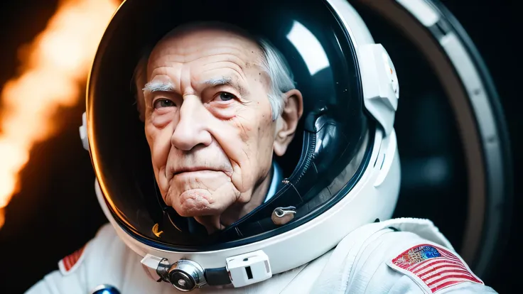 Close-up of the upper body of an 80-year-old man wearing a space suit and helmet, staring straight ahead、Expressing without cutting off the head