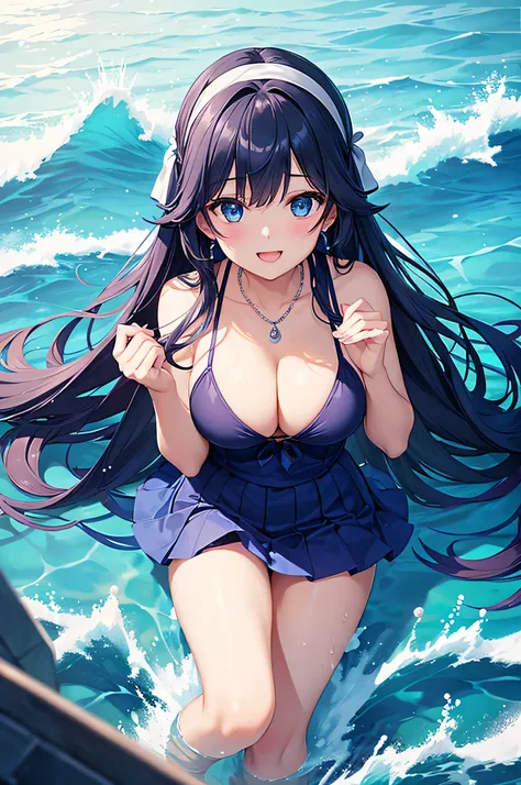 highest quality、Highest quality、masterpiece、beautiful girl、((1 female:1.5))、Navy blue long hair、blue eyes、Sexy bikini in dark blue、Big cleavage、(Big Breasts),smile、necklace、Blue earrings、situation(Swimming in the sea、Waveless ocean:1.3)、Open your mouth wid...