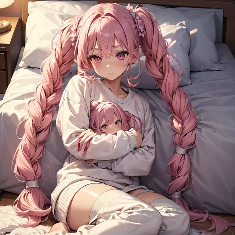 (masterpiece, best quality:1.4), 8k, pink hair, red highlights hair, messy braided twintail, young adult, anime girl, , annoyed,...