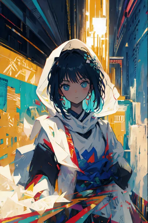 anime girl in a hoodie sitting on a bench in a city