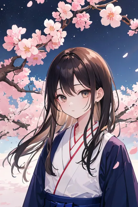 ((highest quality)), ((masterpiece)), (detailed), Perfect face cherry blossom、Two Men、Black Hakama、Navy blue hakama、cool、
 Night Sky、old enemy、Black hair and brown hair、