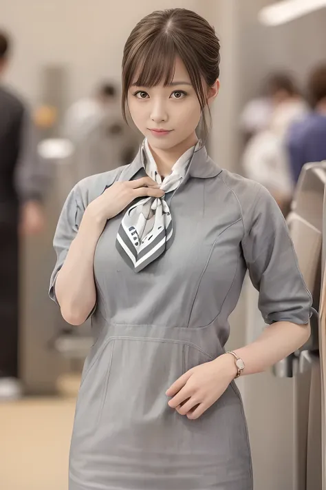 starlux airlines short-sleeved uniform、scarf on chest、big breasts、keep your hands and arms in the same position