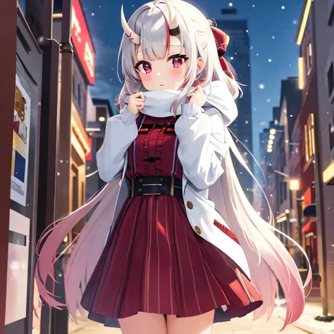 masterpiece, best quality, highres, 1girl,  alone, individuals, looking at the audience, white hair, pink eyes, ((cold weather clothes)), snowing, city, outdoors, night, movie poster, extremely detailed 8K, smooth, high resolution, ultra quality, cinematic...