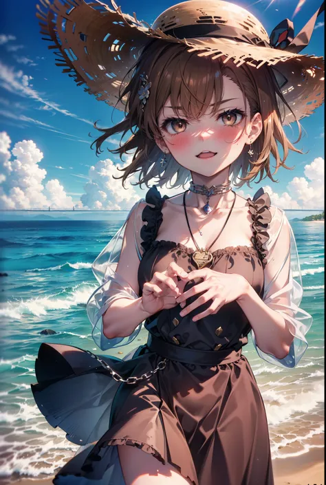 8k,highest quality,masterpiece,(((Pixel Perfect, Perfect in every detail))), alone, 1 girl, ,Mycotrose, Brown eyes,Brown Hair,short hair,Red dress,Long skirt,barefoot,Locket Necklace,Straw hat,Beach,Strolling on the sandy beach,happy smile, smile, Open you...