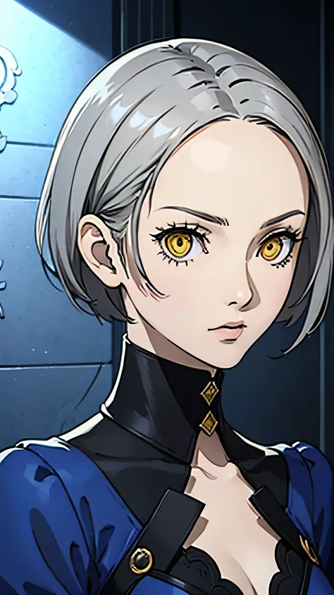 1 girl, very Short hair, gray hair, yellow eyes, serious face, blue phthalo outfit, velvet room dress, portrait, blue phthalo choker, forehead