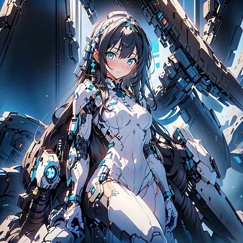 maya, 1 girl, solo, black long hair,  light blue eyes, white headband, mech suit , black skin suit , exposed chest , sitting in ...