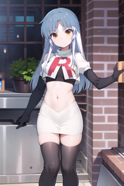 (((pixel-perfect, detail-perfect))), solo, 1girl, kanade tachibana, , looking at viewer, team rocket,team rocket uniform,white skirt,red letter R,crop top,black thigh-highs,black elbow gloves
