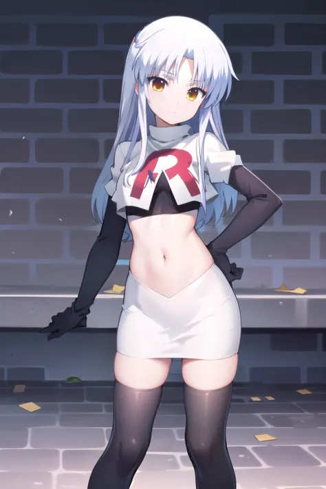 (((pixel-perfect, detail-perfect))), solo, 1girl, kanade tachibana, , looking at viewer, team rocket,team rocket uniform,white skirt,red letter R,crop top,black thigh-highs,black elbow gloves