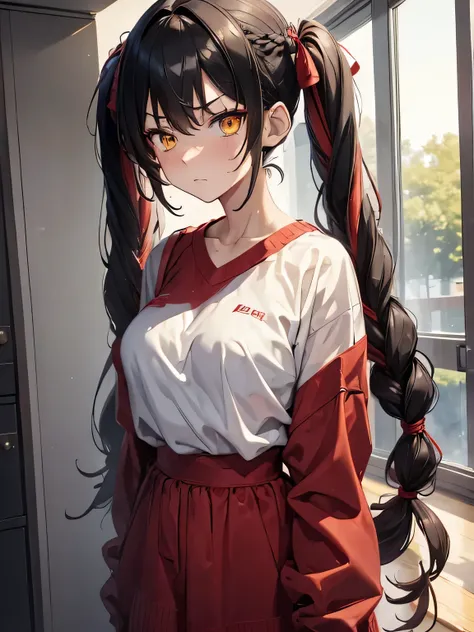(masterpiece, best quality:1.4), 8k, Black Hair, Red Highlights Hair, Messy Braided twintail, Young adult, anime girl, Annoyed, Angry, Big Chest, light yellow Eyes, in Campus, Red Outfit, oversized Sweater (detailed eyes and face, sharp pupils, realistic p...