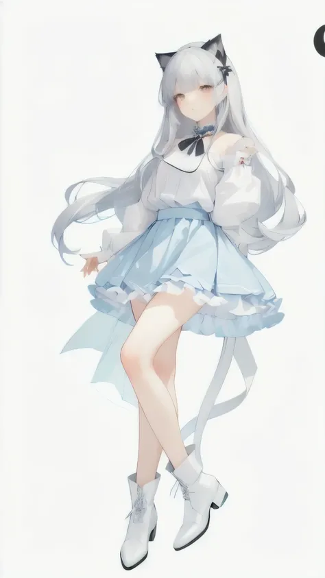 Close-up of a man wearing a skirt and boots,Character Design，Character portrait，Whole body，Standing，A girl on gray background，Seventeen，Gentle personality，Silver long hair，Black cat ears，Cat&#39;s Tail，Bow Hairpin，blue grey eyes，（（Black and white skirt）），C...