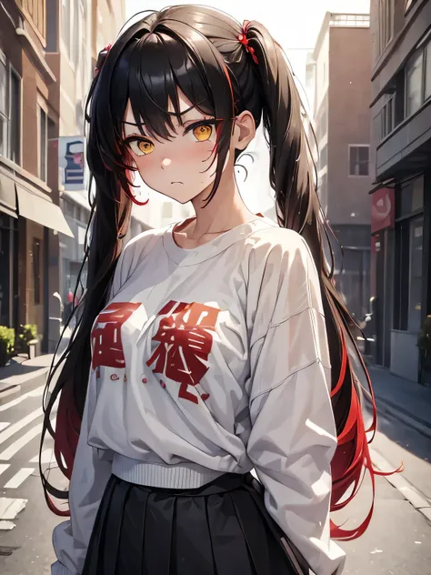 (masterpiece, best quality:1.4), 8k, black hair, red highlights hair, messy braided twintail, young adult, anime girl, annoyed, ...