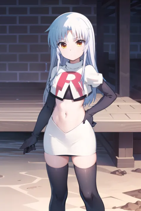 (((pixel-perfect, detail-perfect))), solo, 1girl, kanade tachibana, , looking at viewer, team rocket,team rocket uniform,white skirt,red letter R,crop top,black thigh-highs,black elbow gloves