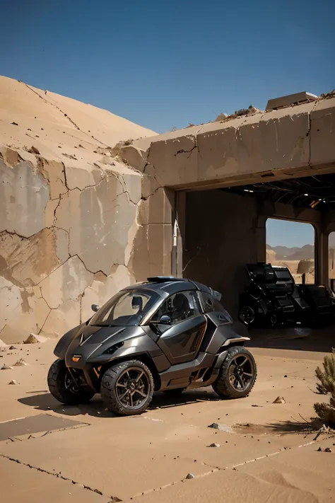 The sleek and futuristic cyberpunk hoover bike cuts through the vast expanse of the arid desert its metallic frame glinting in the scorching sunlight as it hovers effortlessly above the cracked earth
