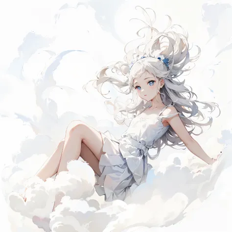 Top quality, masterpiece, 8K, small woman floating in sky, splashing on fluffy clouds, white clouds drifting around her, white background, young face, long white hair, wearing white skirt,