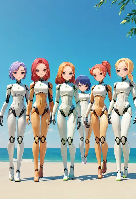 lots of female androids,
 all are cute and pretty,
 all heights、hair color、different systems,
 all of them have different top an...