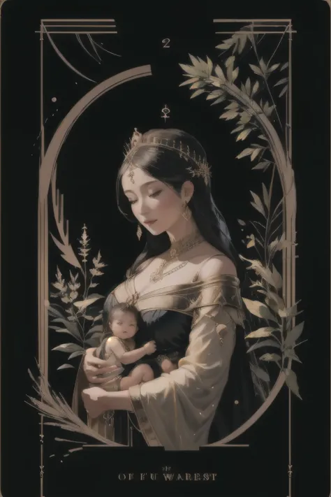 (highest quality, masterpiece), (Tarot, Tarot card,:1.1) Queen: A nurturing figure surrounded by symbols of abundance and fertility. Painting a woman in a lush garden, Exudes maternal energy、surrounded by nature., Black background, Golden, Upper Body,