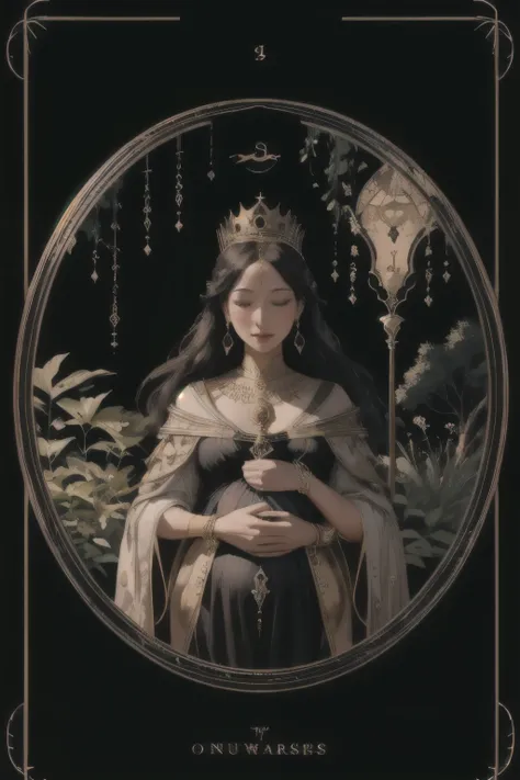 (highest quality, masterpiece), (Tarot, Tarot card,:1.1) Queen: A nurturing figure surrounded by symbols of abundance and fertility. Painting a woman in a lush garden, Exudes maternal energy、surrounded by nature., Black background, Golden, Upper Body,