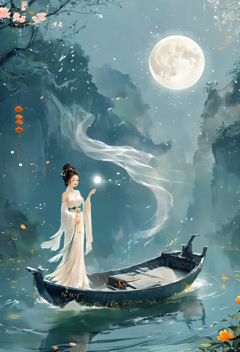 anime girl in a white dress floating a boat in the water，fantasy，moon goddess，beautiful fantasy queen,  by yang j, chinese fanta...