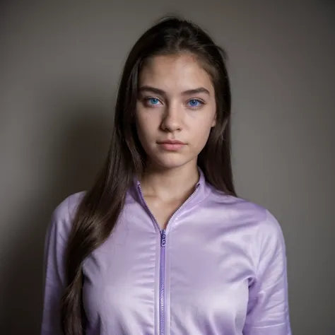 photo of a college student,16 years old, in Purple Pink, futuristic linen space suit, (freckles:0.8) cute face, sci-fi, dystopian, detailed eyes, cobalt blue eyes((Side view))