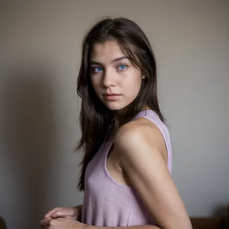 photo of a college student,16 years old, in Purple Pink, Linen coarse cloth, (freckles:0.8) cute face, sci-fi, dystopian, detailed eyes, cobalt blue eyes((Side view))Shy