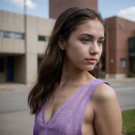 photo of a college student,13 years old, in Purple Pink, Linen coarse cloth, (freckles:0.8) Blush,cute face, sci-fi, dystopian, detailed eyes, cobalt blue eyes((Side view))Shy