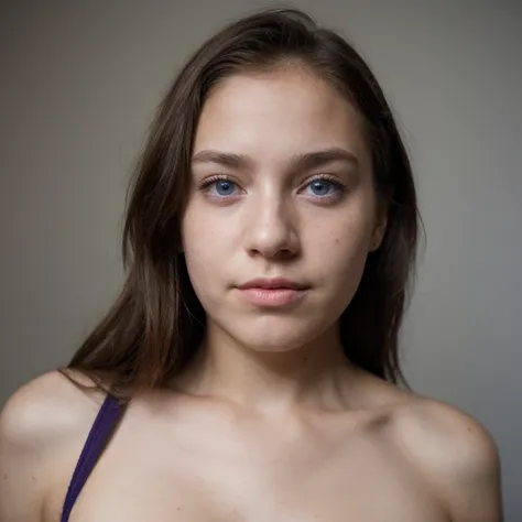 photo of a college student,13 years old, in Purple Pink, Linen coarse cloth, (freckles:0.8) Blush,cute face, sci-fi, dystopian, detailed eyes, cobalt blue eyes((Side view))Shy