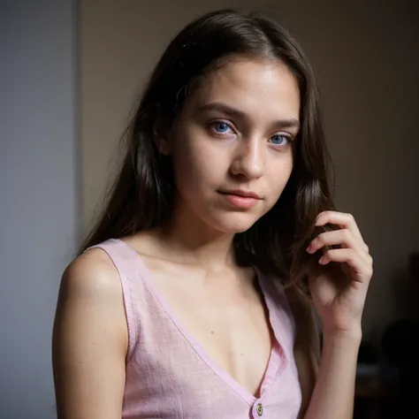 photo of a college student,9 years old, in Purple Pink, Linen coarse cloth, (freckles:0.8) Blush,cute face, sci-fi, dystopian, detailed eyes, cobalt blue eyes((Side view))Shy