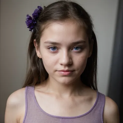 photo of a college student,6 years old, in Purple Pink, Linen coarse cloth, (freckles:0.8) Blush,cute face, sci-fi, dystopian, detailed eyes, cobalt blue eyes((Side view))Shy