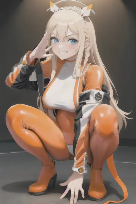 masterpiece, best quality, 1girl, solo, tove, headgear, braid, orange bodysuit, jacket, grin, looking at viewer, blush, long sleeves, full body, hood, salute, squatting,