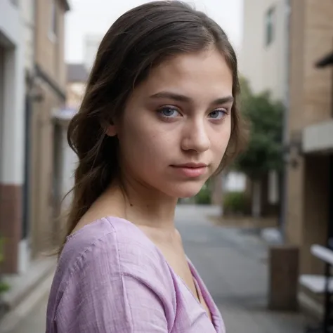 photo of a college student,9 years old, in Purple Pink, Linen coarse cloth, (freckles:0.8) Blush,cute face, sci-fi, dystopian, detailed eyes, cobalt blue eyes((Side view))Shy