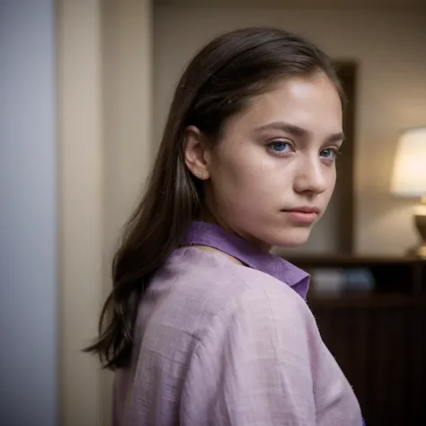photo of a college student,9 years old, in Purple Pink, Linen coarse cloth, (freckles:0.8) Blush,cute face, sci-fi, dystopian, detailed eyes, cobalt blue eyes((Side view))Shy