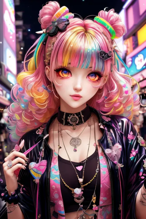 this is a colorful and ornate (masterpiece). generate a trendy decora woman in the colorful and busy streets of akihabara, tokyo...