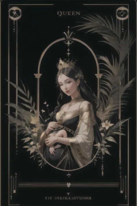 (highest quality, masterpiece), (tarot, tarot card,:1.1)  queen: a nurturing figure surrounded by symbols of abundance and ferti...