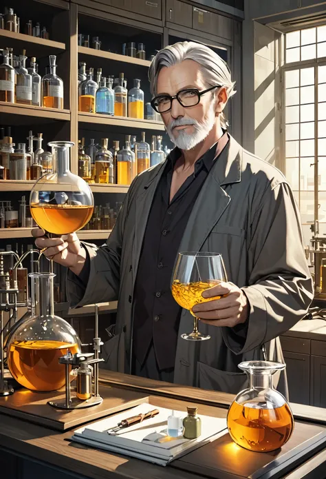 A man in his fifties holding a glass of liquid in a laboratory, He is in the alchemist's laboratory, mad Scientist working, portrait of a rat mad Scientist, Poetic sequence. clean, Laboratory Experiments, elite Scientist, Male Hydromancer portrait, Sci...