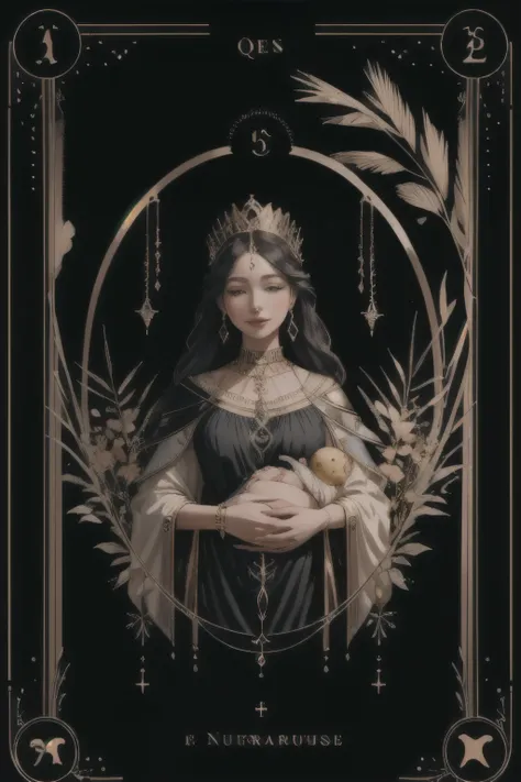 (highest quality, masterpiece), (tarot, tarot card,:1.1)  queen: a nurturing figure surrounded by symbols of abundance and ferti...