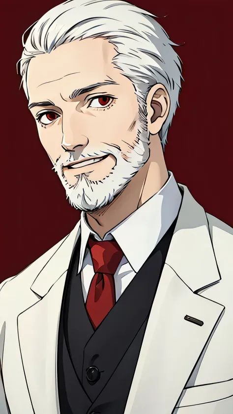 1 man, white hair, suit, portrait, smile, white beard, red eyes