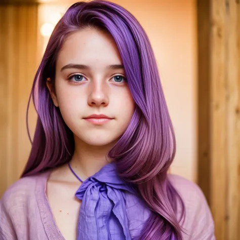 photo of a college student，16 years old, in purple pink, linen coarse cloth, (freckles:0.8) blush，cute face, sci-fi, dystopian, ...