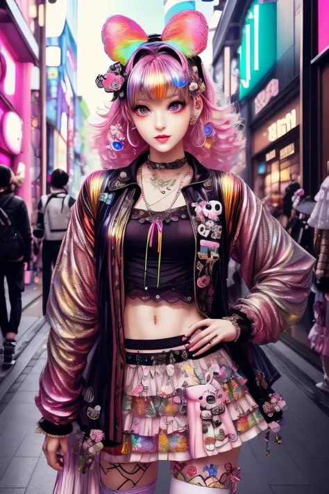 This is a colorful and ornate (masterpiece). Generate a trendy decora woman in the colorful and busy streets of Akihabara, Tokyo. Generate a lovely decora adult woman in the style of Olya Anufrieva on Artstation and Harajuku street fashion. Her clothes are...