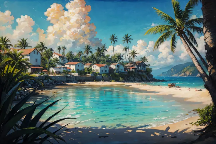 painting of a beach with palm trees and a white house