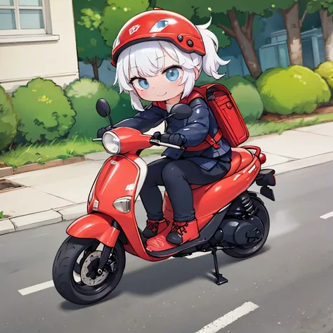 best quality, bad girl riding scooter, helmet, bad smile