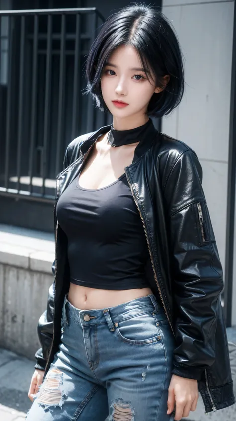 best quality, 1 Girl, dark blue hair, black eyes, Very short hair, Spiky hair, t-shirt, jacket , High waist jeans, 171 cm, Messy hair, Hair between the eyes, Medium breasts, full, Tomboy, aldult, 20 years old, 1 Girl