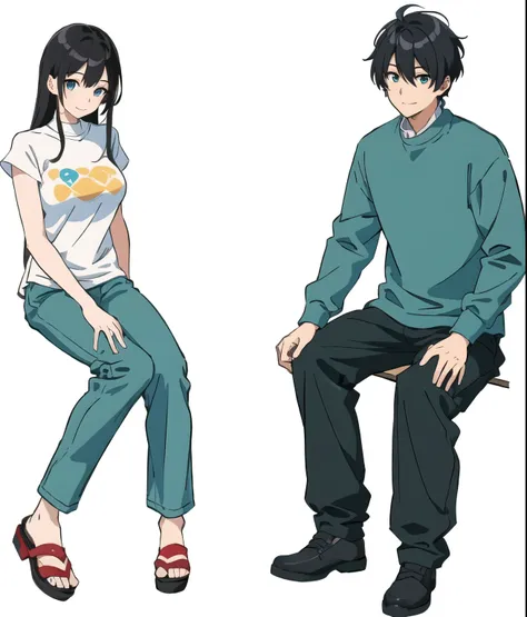 Two cartoon characters sitting cross-legged on a bench, Feel free to sit down, A teasing smile, Full body pictures, Anime visual style, full body and head, normal clothes, Wear flowing clothes, Dramatic smile pose, full body and head视图, Modern anime style,...