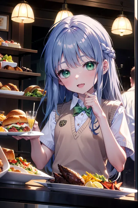 index, index, (Green Eyes:1.5), Blue Hair, Long Hair, (Flat Chest:1.2),tooth,happy smile, smile, Open your mouth, 　　　　　　
White shirt,Sweater vest, (黄色 Sweater vest:1.5),,Short sleeve,Green pleated skirt,black tights,Brown Loafers,There is a lot of food on ...