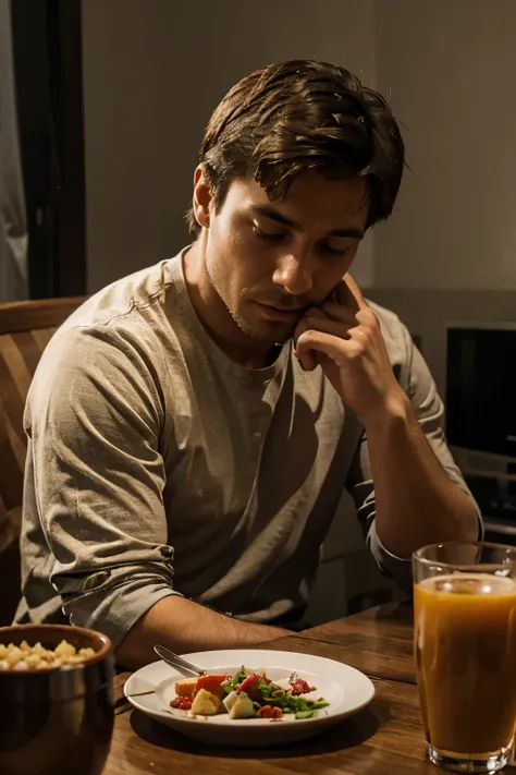 man eating alone and sad at home 